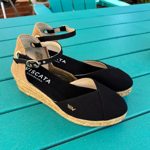 VISCATA Pubol Espadrilles Black Canvas Wedge Heel Sandals Ankle Strap US 7 EU 38 - Picture 7 of 12
